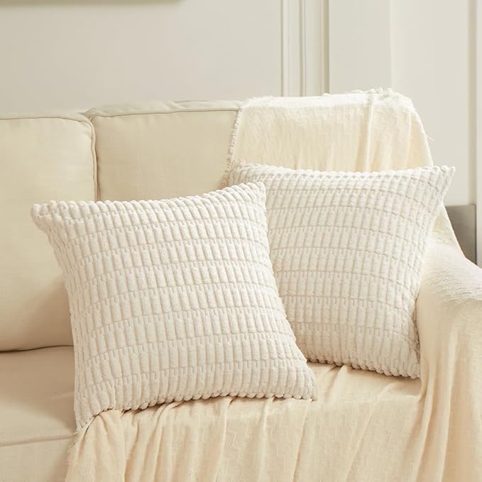 Fancy Homi Boho Decorative Throw Pillow Covers 18x18 Inch for Living Room Couch Bed Sofa, Rustic Modern Farmhouse Home Decor, Soft Corduroy Cream Square Cushion Case 45x45 cm