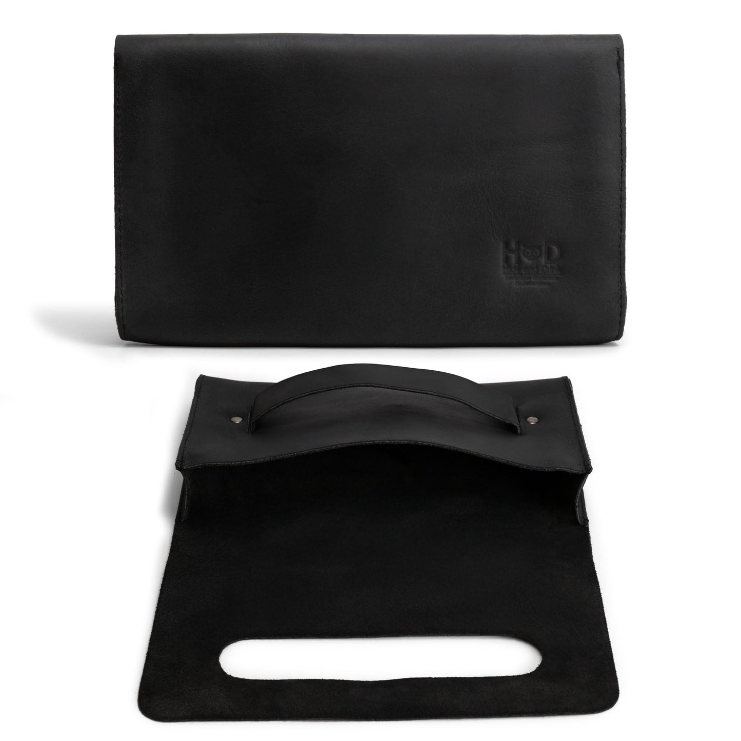 Hide & Drink, Rectangular Clutch Bag With Handle, Wallet for Cards, Money, Stylish Handbag, Full Grain Leather, Handmade, Charcoal Black