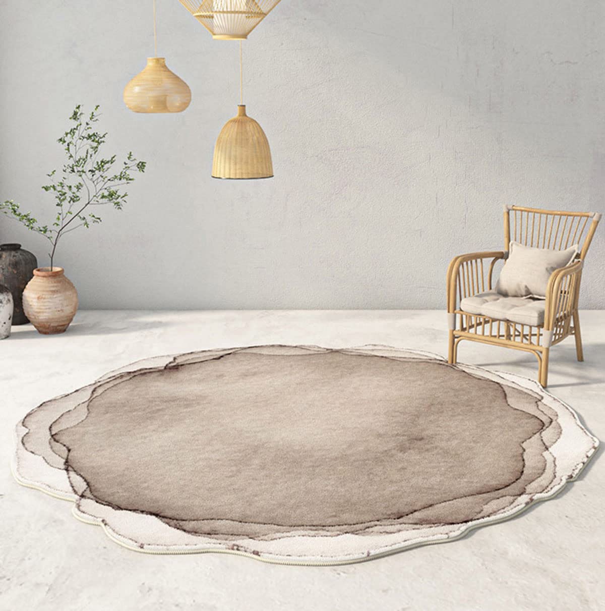 Beige Contemporary Modern Abstract Round Area Rug for Living Room Bedroom Dining Room Irregular Shaped 4 feet Carpet Home Office Washable Wool Rug