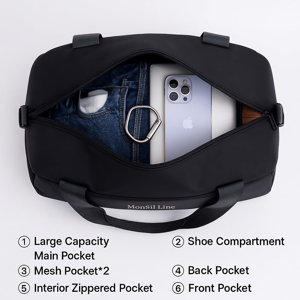 MonSiiLine Gym Bag for Women Men with Shoe Compartment, Waterproof Small Duffle Bag for Travel, Sports, Weekend Lightweight Carry on Tote Bag, Black, 27L