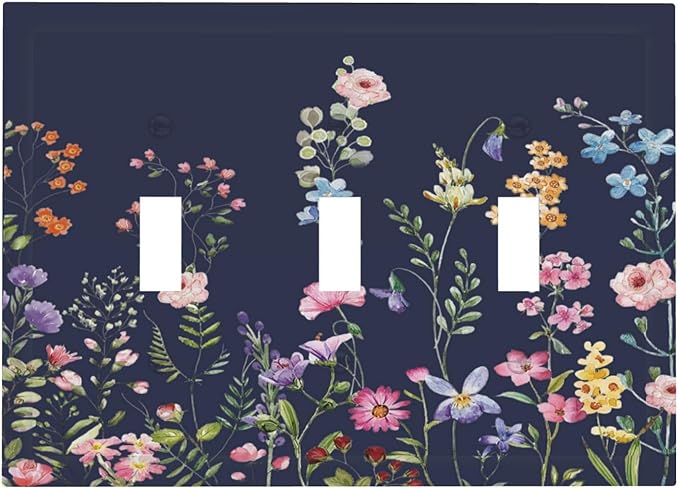 Rustic Wild Floral Darkground Vintage Watercolor Flower 3 Gang Light Switch Covers Decorative Unique Triple Toggle Wall Plate Electrical Faceplate Switchplate for Bathroom Decor