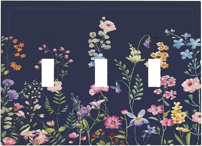 Rustic Wild Floral Darkground Vintage Watercolor Flower 3 Gang Light Switch Covers Decorative Unique Triple Toggle Wall Plate Electrical Faceplate Switchplate for Bathroom Decor