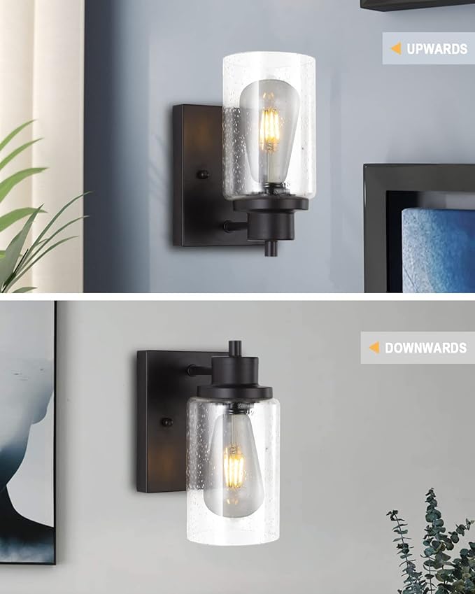 3 Pack Bath Vanity Light Fixtures Wall Sconce, Modern Indoor Bathroom Wall Lights with Seeded Glass, Black Wall Light Fixtures for Bedroom Mirror Kitchen Living Room Entryway Patio