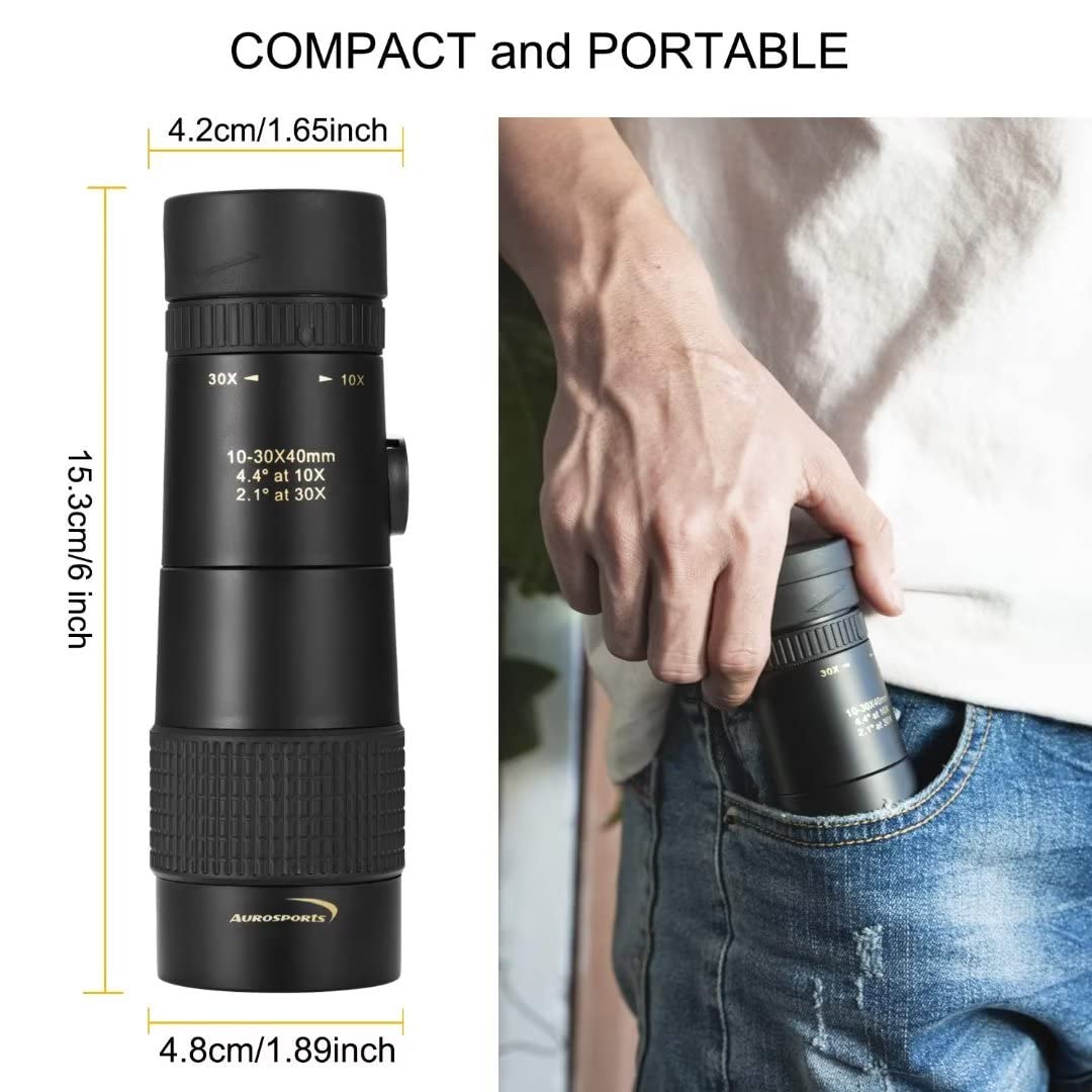 Aurosports 10-30x40 Zoom Monocular for Adults, Monocular Telescope High Power with Bak4 Prism, Compact Monoculars for Bird Watching Traveling Hunting Camping