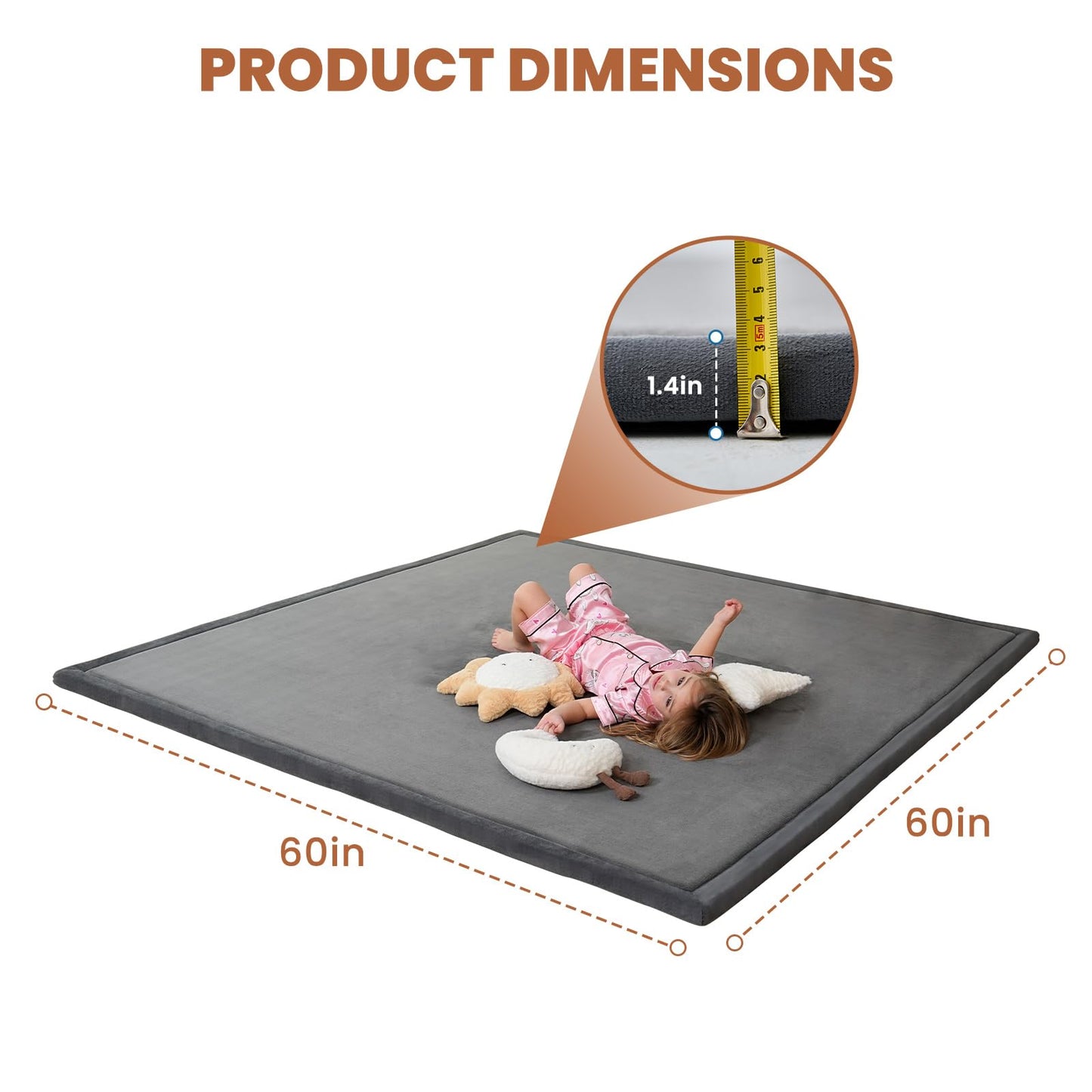 SUNYRISY Baby Play Mat for Floor 60 x 60in, 1.4in Thick Memory Foam Padded Play Mats for Baby, Soft Velvet Infants Toddler Kids Crawling Mat for Nursery, Non-Slip Bottom
