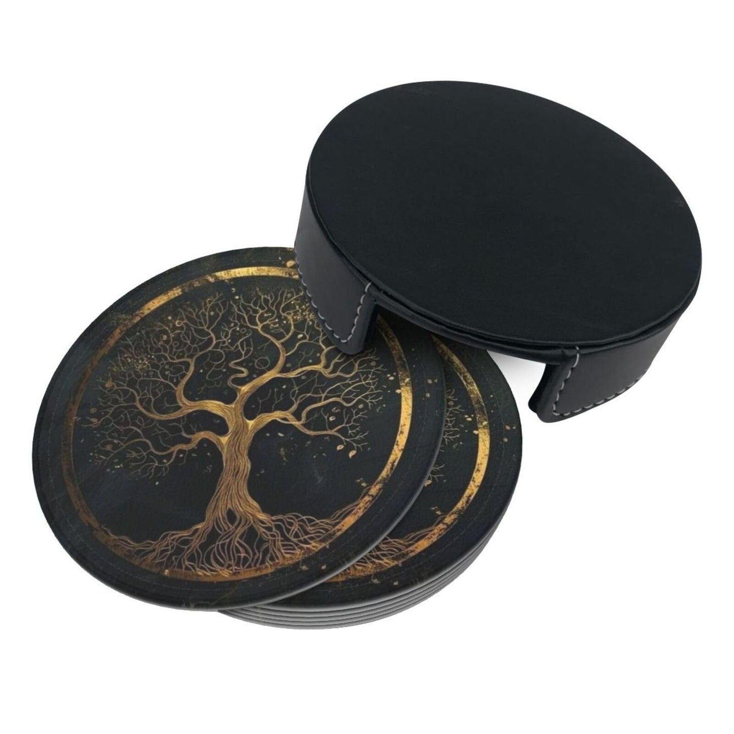 BOXIMIAO Drink Coasters with Holder Stand Set of 6, Marble Gold Tree of Life Pu Leather Absorbent Coasters with Cork Base Table Round Coaster for Housewarming Apartment Kitchen Bar Decor
