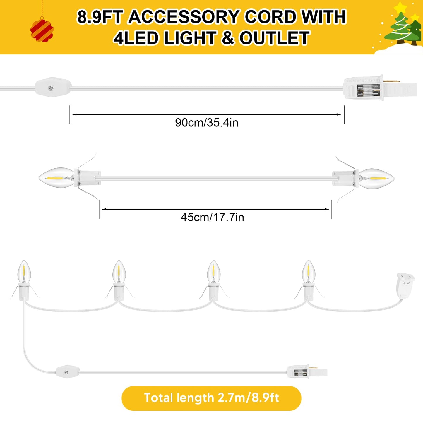 1Pack Accessory Cord with 4LED Bulbs and Outlet Christmas Village Light 8.9FT Blow Mold Light Cord with Spare Fuse Warm White C7 Lamp Christmas Village Accessories for Village Houses Craft Pumpkin
