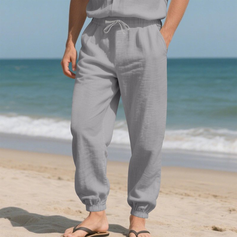 Gesoja Mens Lightweight Summer Casual Beach Straight Workout Linen Pants Elastic Waist Drawstring Jogger Pants with Pockets Gray M