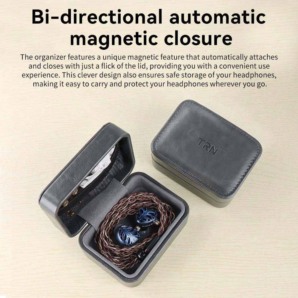 TRN-MAG IEM Earbud Case,PU Leather Wired Earbuds Case with Clip，3.7 * 2.8 * 1.9 in Earphone Case,Earpods Case Gray