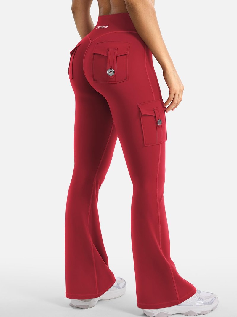 YEOREO CoreFlex Women Workout Flare Leggings with Pockets Hidden Scrunch High Waisted Cargo Gym Yoga No Front Seam Leggings 30" Inseam Red S