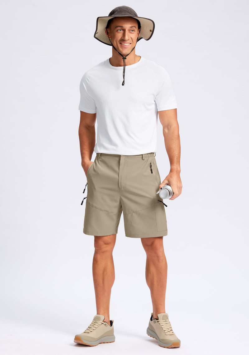 Pudolla Men's Hiking Cargo Shorts Lightweight 7" Travel Casual Shorts for Men Golf Work Outdoor with 5 Zipper Pockets(Dusty Khaki Small)