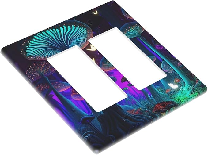 Fantasy Mushroom Forest Glowing Butterfly Double Rocker Light Switch Cover 2 Gang Wall Plate Covers Decorative Electrical GFCI Outlet Plates for Home Bathroom Kitchen Decor