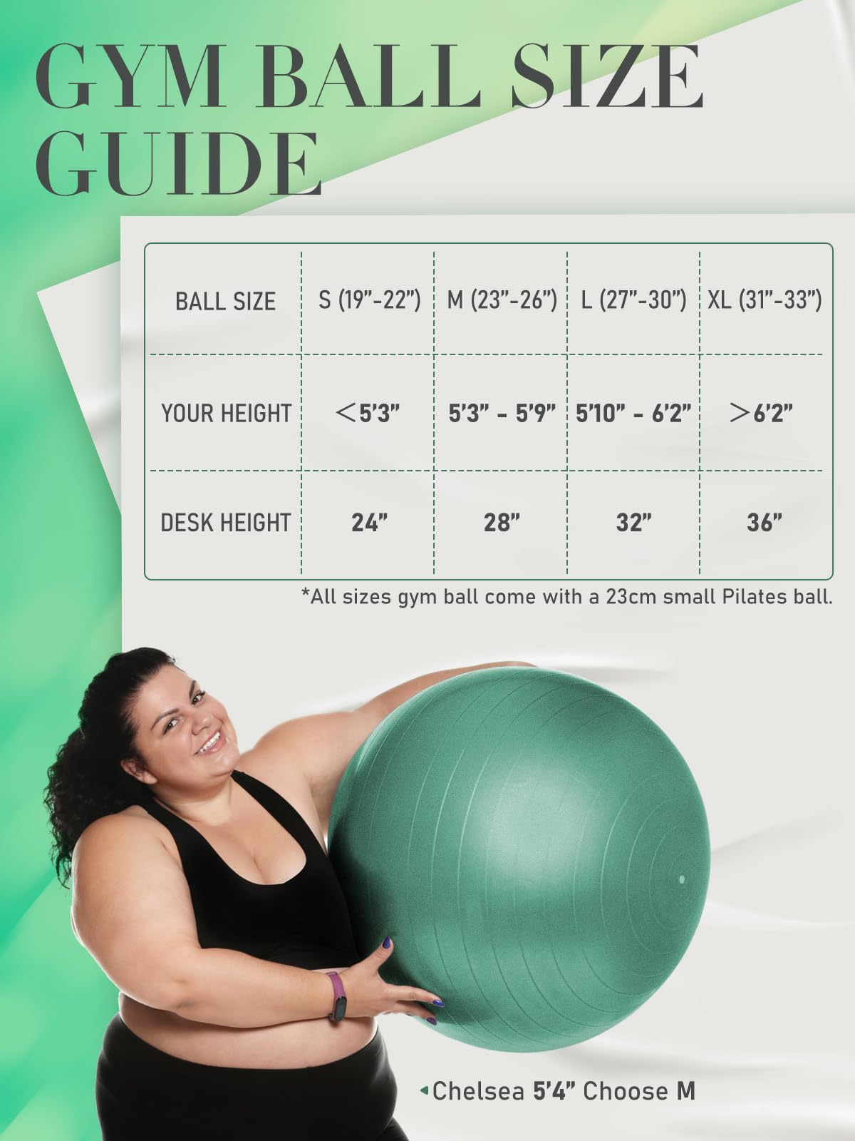 PhysKcal Exercise Ball Set, 33'' Yoga Ball for Pilates, Physical Therapy, Pregnancy-Swiss Ball for Physio, Stability, Fitness, Office Chair-Green