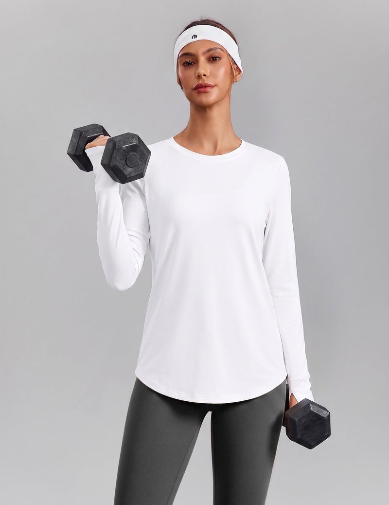 PINSPARK Long Sleeve Workout Tops for Women Soft UV Protection Shirts with Thumb Holes Rash Guard Garden Hiking Gym Running Shirts,White Medium