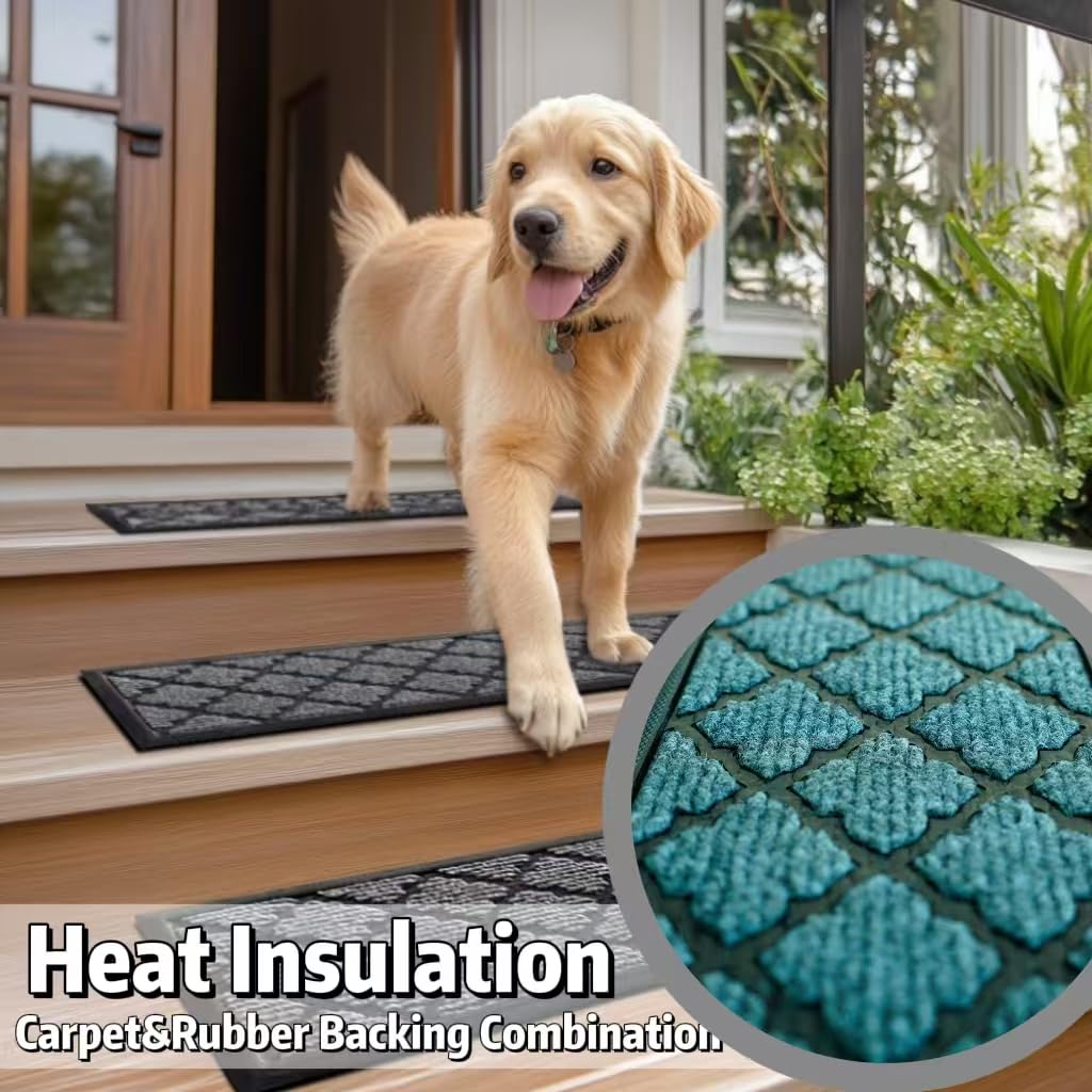 Aucuda 2pcs 8.5" x 30" Stair Treads Outdoor for Elders and Dogs on Wooden Steps, Non Slip Stair Runner Rug Heat Insulation Rubber Backing, Gray Lattice Staircase Mat Carpet for Indoor Grip Farmhouse.