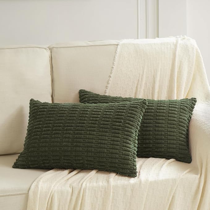 Fancy Homi Boho Olive Green Decorative Throw Pillow Covers 14x24 Inch for Couch Bed Sofa, Rustic Modern Farmhouse Home Decor, Soft Plush Corduroy Cute Square Cushion Case 35x60 cm