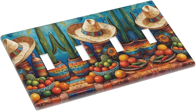 Decorative Art Light Switch Covers Mexican Sombrero & Serape Vibes Quad Toggle 4 Gang Wall Plate Switch plate Electrical Faceplate for Home Decor