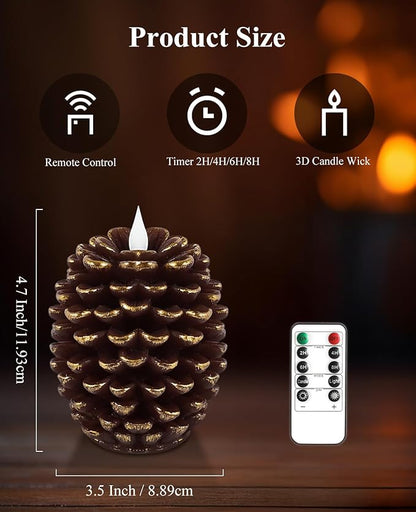 YAUNGEL 2 Pcs Pine Cone Candles Flameless with Remote Timer, Real Wax Christmas Battery Operated Pine Cone Candles, 3D Wick Battery Candle Flickering for Christmas Thanksgiving Day Holiday Home Decor