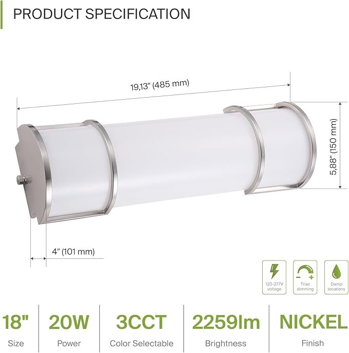 ASD LED 18" Vanity Flush Mount Light Fixture, Linear Bathroom Lighting Bar | 3CCT, Dimmable, ETL Listed | 20W 2300LM 3000-5000K 100-277V | Long Tube Bath Wall Sconce Over Mirror | Nickel, 4 Pack