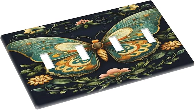 Butterfly Ornate with Flower Light Switch Covers Quad Toggle 4 Gang Wall Plate Decorative Switchplate Electrical Faceplate for Farmhouse Bathroom Living Decor