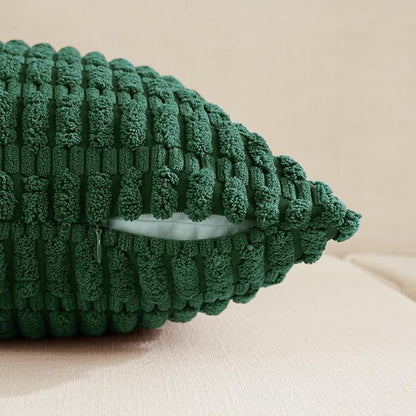 Fancy Homi Boho Dark Green Decorative Throw Pillow Covers 14x24 Inch for Couch Bed Sofa, Rustic Modern Farmhouse Home Decor, Soft Plush Corduroy Cute Square Cushion Case 35x60 cm