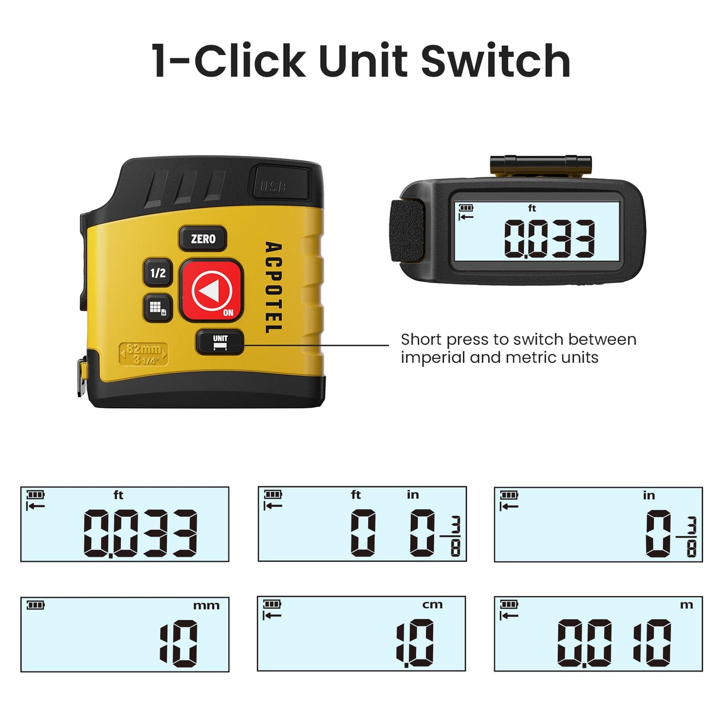 Digital Tape Measure 16 Ft - 6 Metric and Imperial Units, Easy Read Digital Measuring Tape Retractable with Fractions 1/16, Rechargeable Measurement Tool, for Distance/Area/Volume, Yellow