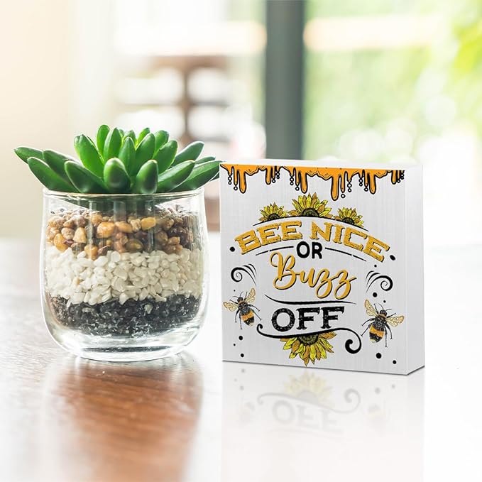 Bee Decorations Wooden Box Sign, Sunflower Bee Decor, Inspirational Spring Rustic Farmhouse Home Living Room Bathroom Desk Table Shelf Cubicle Decor Decorations, Bee Gifts Wood Block Plaque