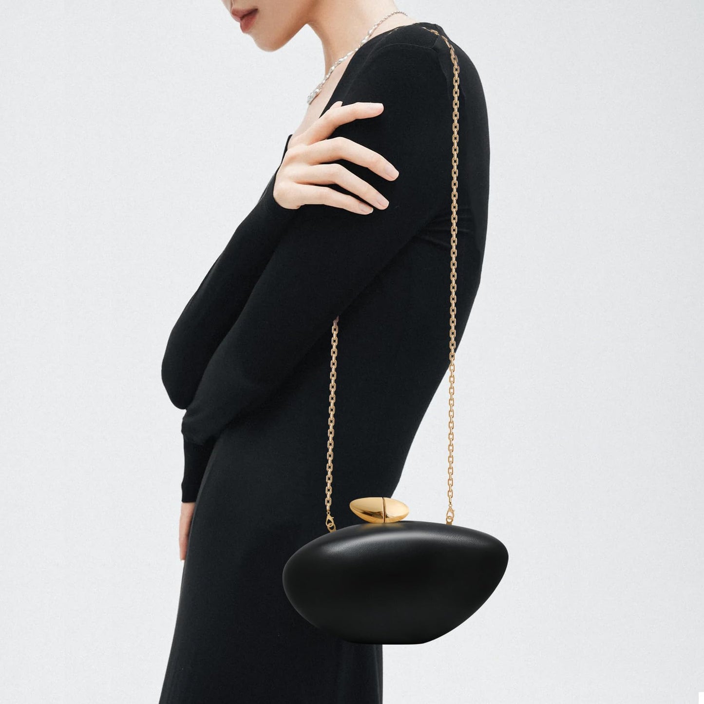 NEWROGENG Shell Clutch Purse for Women, Leather Evening Bag with Magnetic Closure, Elegant Wedding Party Clutch Handbags, Leather Black
