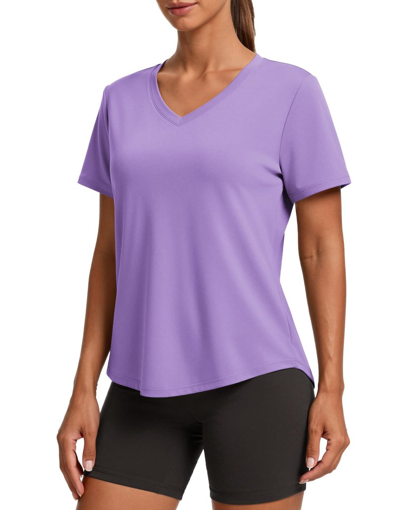 PINSPARK Hiking Shirts for Women UPF 50 Sun Protection Short Sleeve V Neck Moisture Wicking Quick Dry Outdoor Athletic Tops,Lavender XX-Large