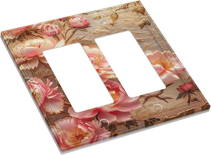 Pink Blooming Flowers Peonies Floral Dual Outlet Covers Wall Plate 2 Gang Rocker Decora Decorative Switch plate Electrical Faceplate GFCI Light Switch Covers for Farmhouse Living Decor