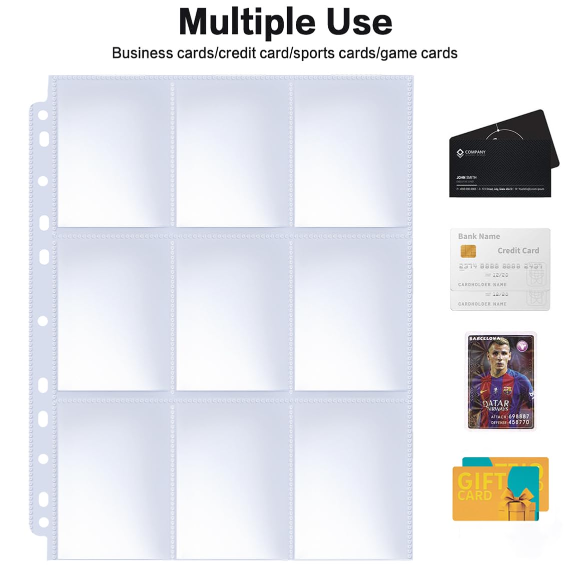 HERKKA Trading Card Sleeve Pages, 100 Pack 9 Pocket Album Pages 11 Holes Fit 3 Ring Binder