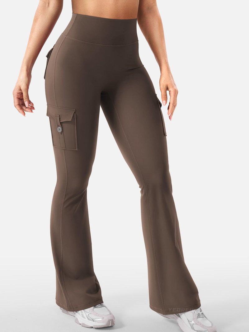 YEOREO CoreFlex Women Workout Flare Leggings with Pockets Hidden Scrunch High Waisted Cargo Gym Yoga Leggings Coffee XXL