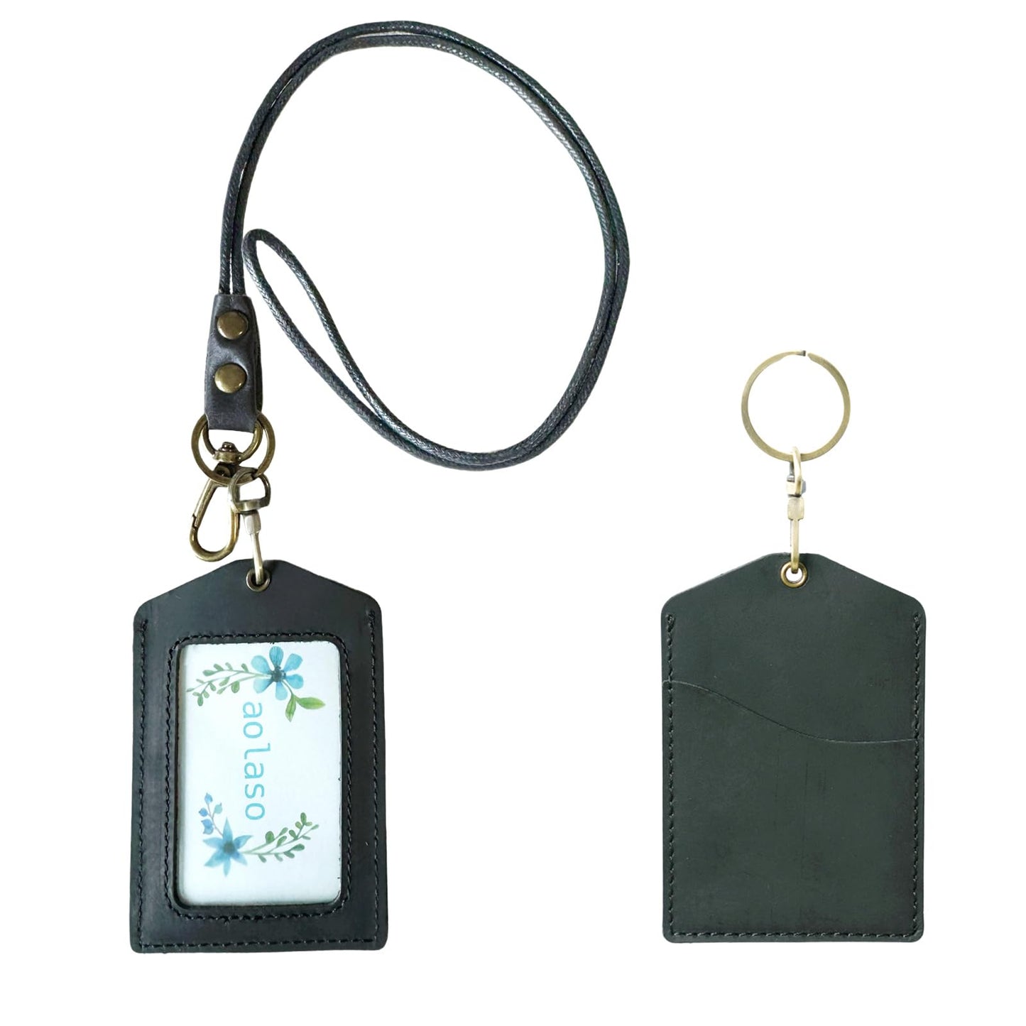 Badge Holder Vertical Handmade Leather ID Card Badge Holder Keychain with Heavy Duty Lanyard for Men Women (Black Leather)