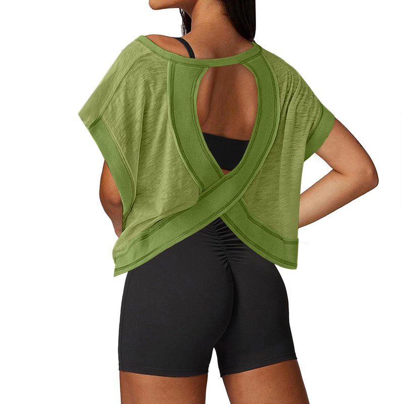 UNIANKIYA Open Back Workout Tops for Women Loose Fit Athletic Crop Tee Short Sleeve Gym Running Yoga Shirt Grass Green