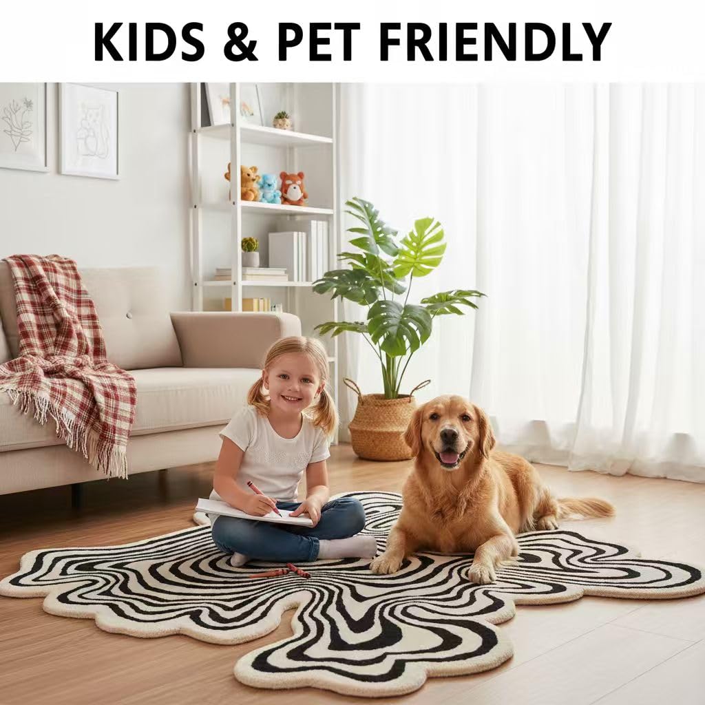 Irregular Shaped Black Beige Large Square Rug 5x5 Illusion Abstract Striped Pattern Washable Easy Clean Deco Rugs Living Room Diningroom Bedroom Playroom Guestroom Home Office Modern Carpet
