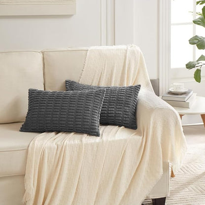 Fancy Homi Dark Grey Lumbar Decorative Throw Pillow Covers 14x24 Inch for Living Room Couch Bed Sofa, Rustic Farmhouse Boho Home Decor, Soft Striped Corduroy Rectangle Cushion Case 35x60 cm