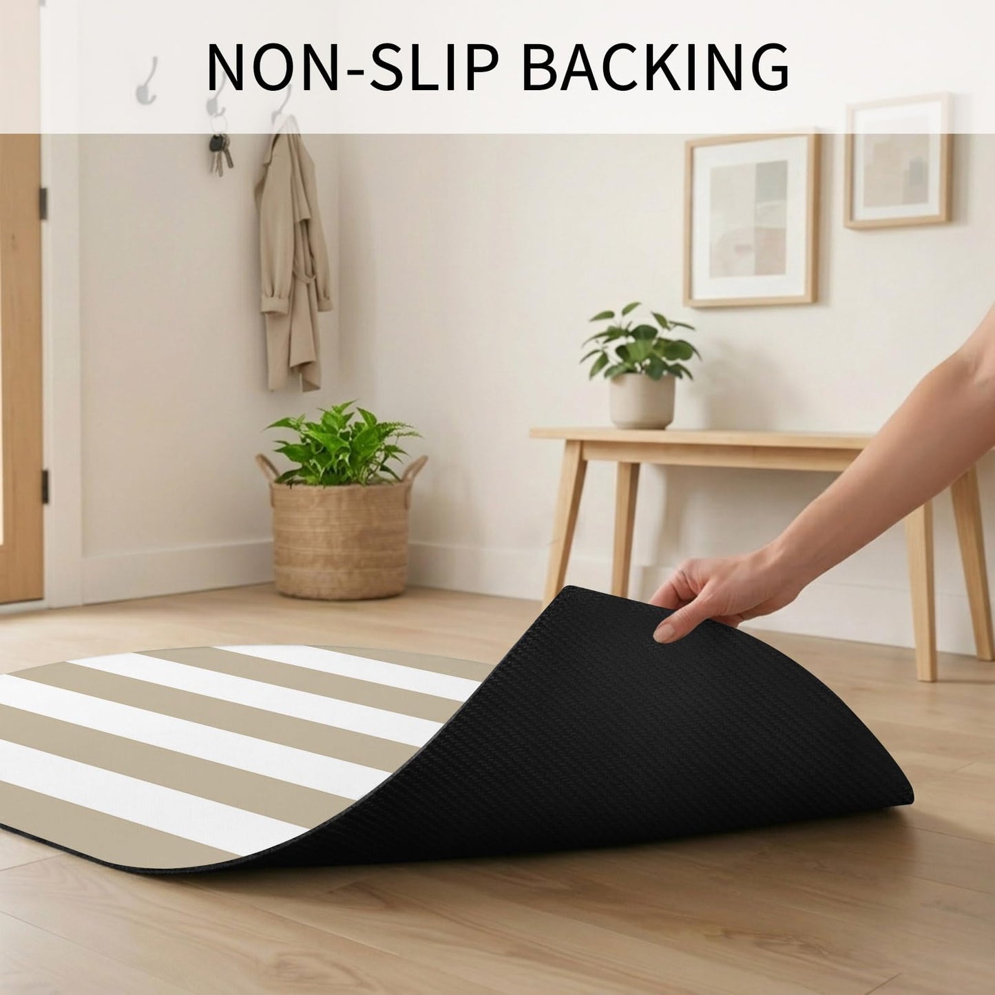 Half Circle Bath Mat Classical Stripe Semicircular Doormat Soft Non Slip Absorbent Quick Dry Diatomite Stone Area Rugs Khaki Drying Shower Mat for Bathroom Floor Bathtub Entryway Porch Kitchen 18"x30"