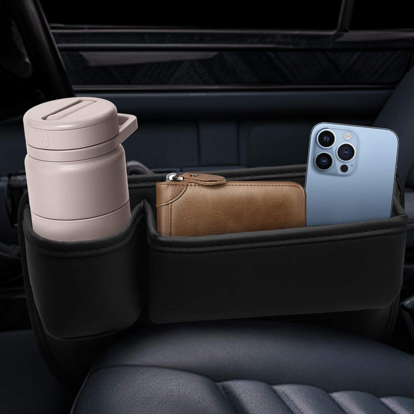 Car Leather Cup Holder Gap Bag 2-Piece Car Seat Gap Filler with Cup Holders for Cups Glasses Keycard (Main and Passenger) (Classic Black)