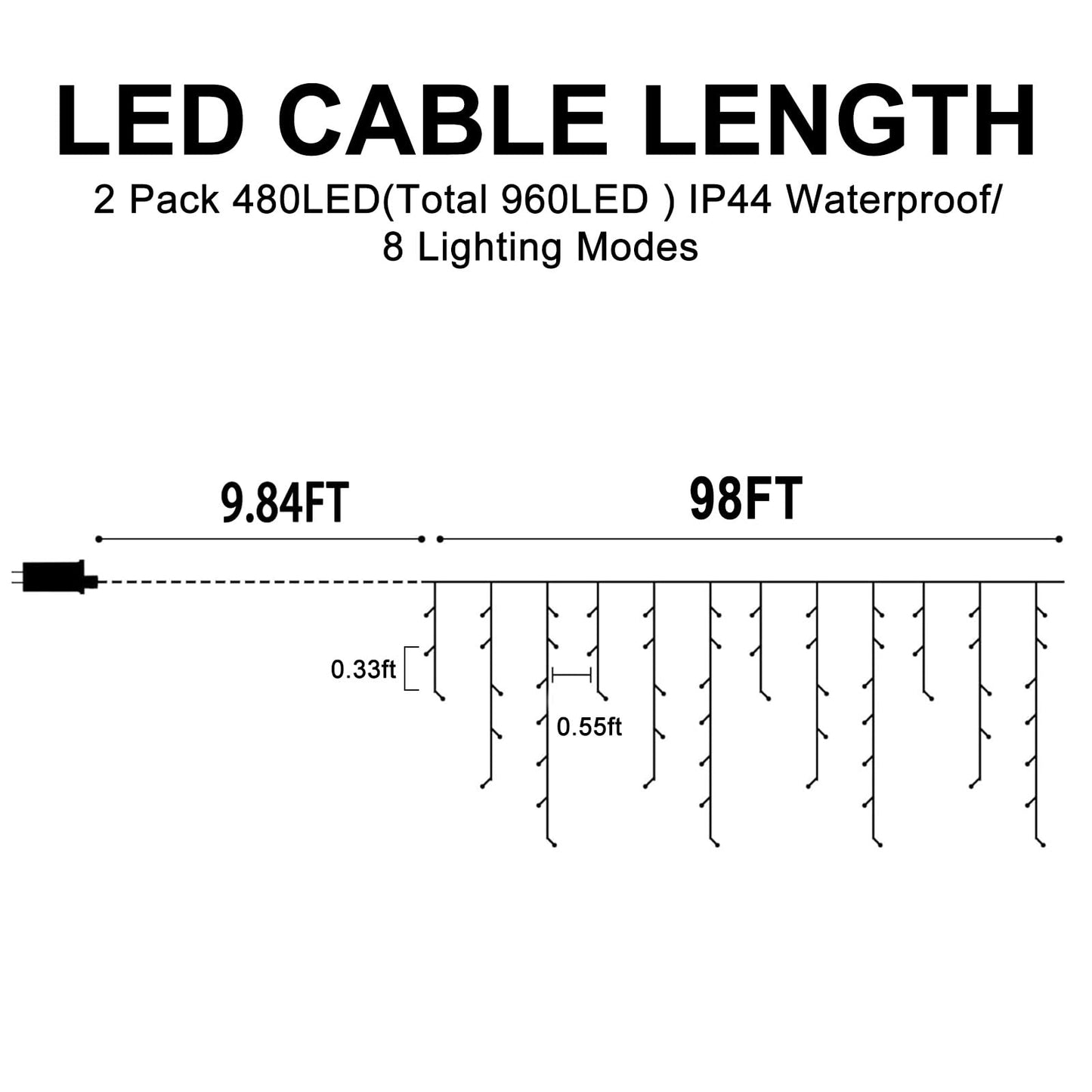 Christmas Lights Outdoor, 2 Pack Total 98FT 960 LED Ice Lights for Outside with 180 Drops Clear Wire 8 Modes Timer, Plug in Waterproof for Holiday Eaves Yard Roof Party Christmas Decor (Cool White)
