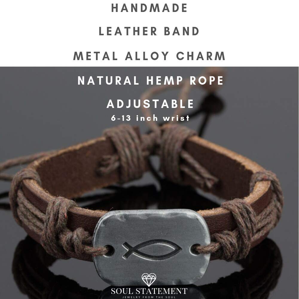 Soul Statement Sign of the Fish Men's Leather Wrap Bracelet for Teenagers (Brown Fish)