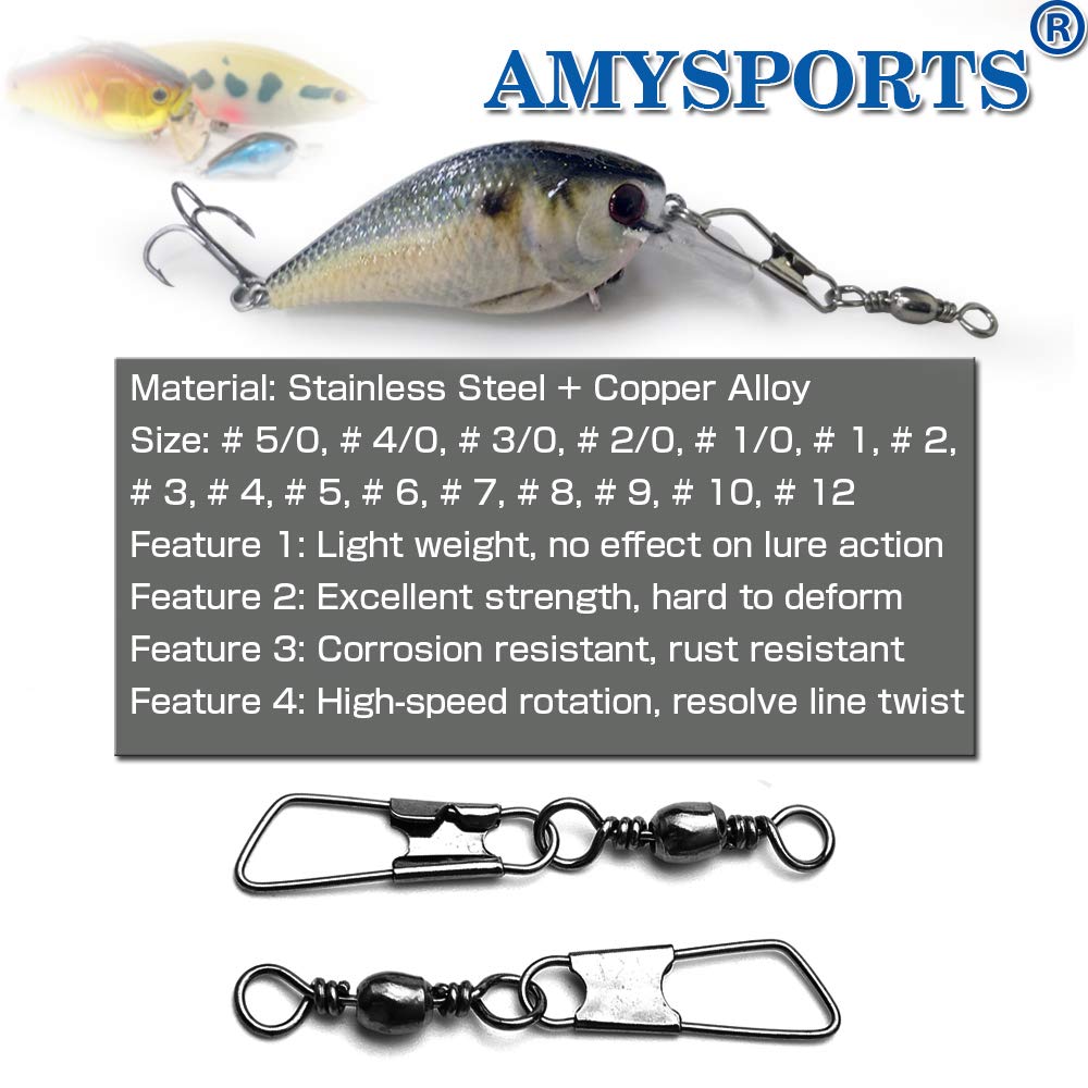 AMYSPORTS Stainless Steel Snap Swivel Saltwater High Strength Snaps Fishing Barrel Line Connector Fishing Swivels Barrel Safety Snap Fishing Tackle Stainless Steel Accessories 50pcs 74lbs