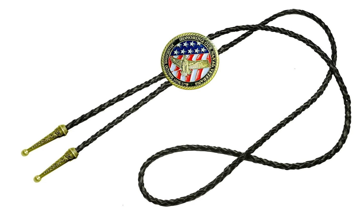 Moranse Bolo Tie with Fluttering American Flag Patriot Style Genuine and Cowhide Rope