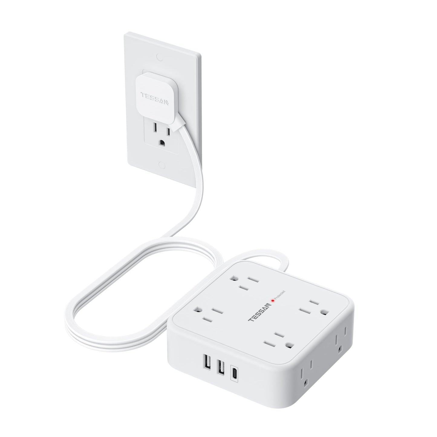 TESSAN Surge Protector Power Strip, 5 Ft Flat Plug Extension Cord with 3 USB (1 USB C) 8 Outlets, 900J Surge Protection, 3 Sided Outlet Extender with Power Switch for Office, Dorm Room Essentials