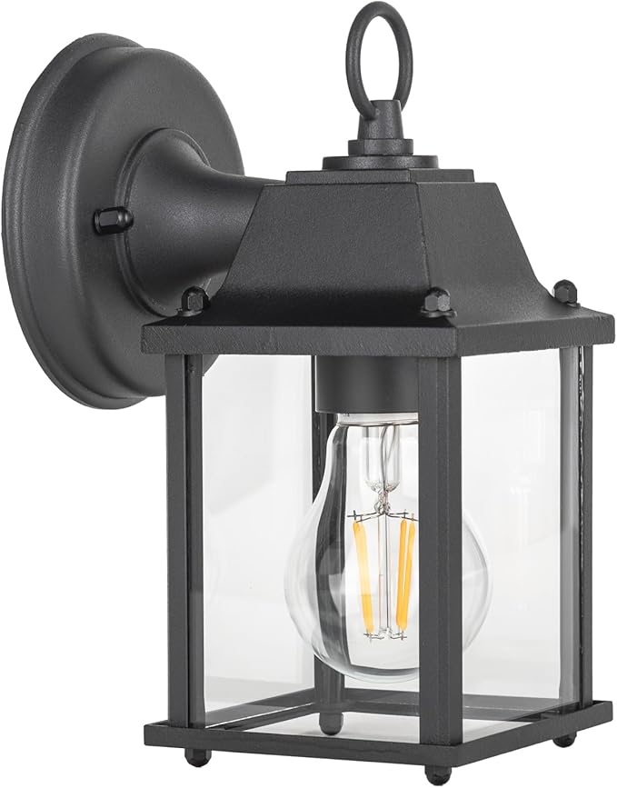 LIT-PaTH Outdoor Wall Lantern, Wall Sconce as Porch Lighting Fixture, E26 Base, Aluminum Housing Plus Glass, Water-Proof and Outdoor Rated, ETL Qualified, 1-Pack, Black