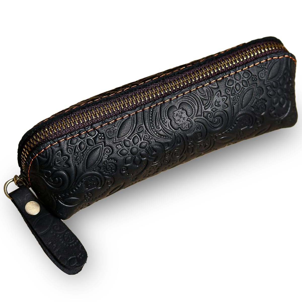 XQIGI Vintage Leather Pen Case, Handcrafted Genuine Leather Zippered Fountain Pen Pouch, Flower Makeup Holder Stationery Bag for Men and Women(Black)