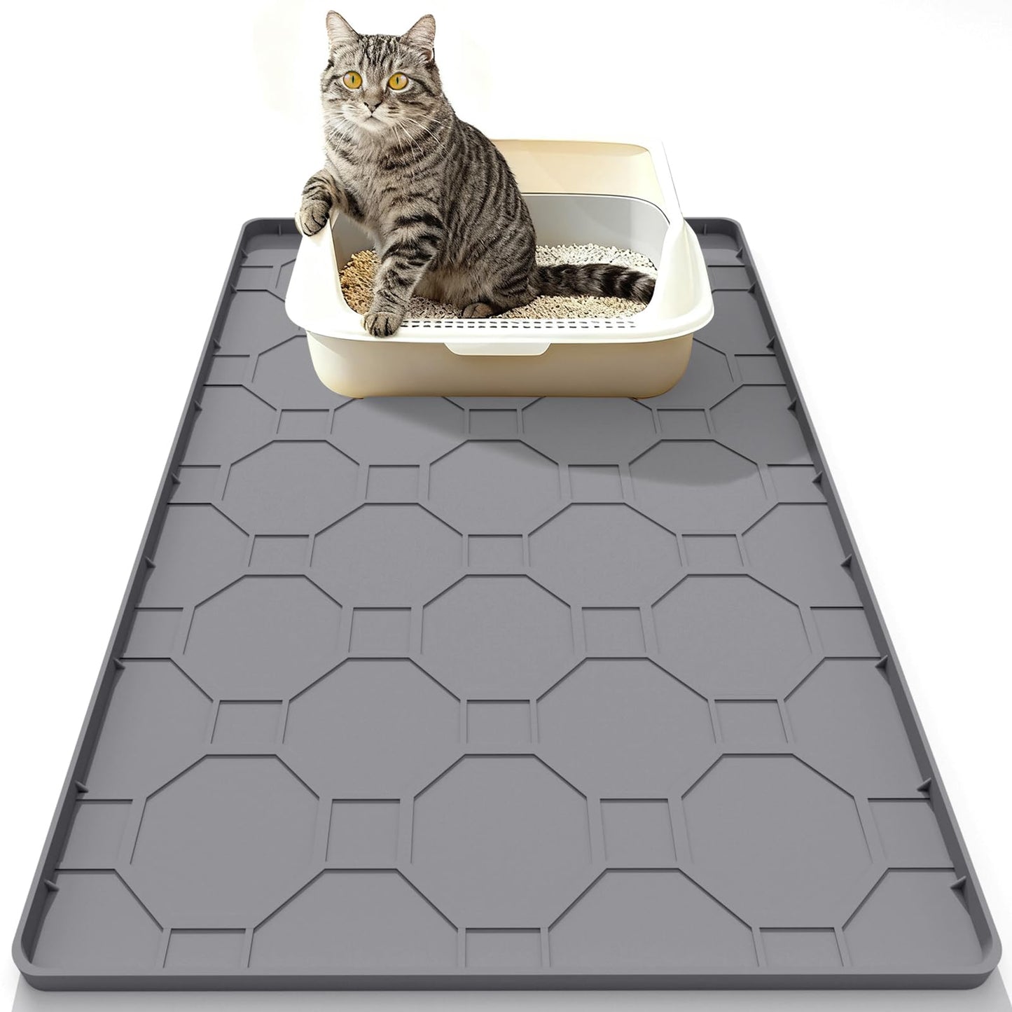 Extra Large Cat Litter Mat, Waterproof Silicone Cat Litter Box Mat, Non-Slip Kitty Litter Trapping Mat for Cat Litter Box, Urine Proof Pet Feeding Mat for Floors, Easy Clean, 38 x 26 Inch