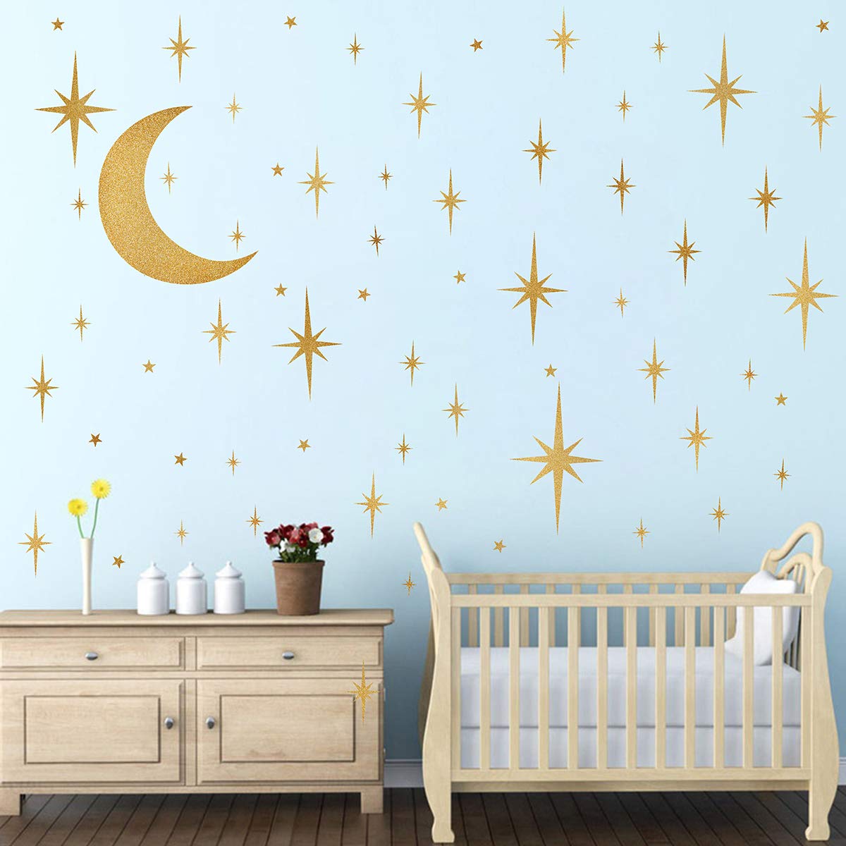 Retro Starburst Wall Decals Stars Wall Stickers Atomic Star Vinyl Decal Golden Star Moon Decals Celestial Decor Bedroom Nursery Walls Sticker Peel and Stick Sparkle Moon Art Mural Decal