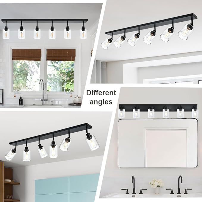 VINLUZ 6 Light Multi-Directional Rotating Metal Ceiling Spotlight with Adjustable Track Heads Classic Bathroom Vanity Wall Lighting with Clear Shade in Black Finish