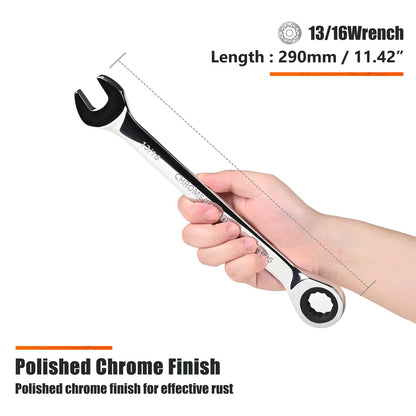 Egofine 13/16 inch Ratcheting Combination Wrench SAE, Industrial Grade Gear Spanner with 12-Point Design, 72-Tooth Ratchet, Chrome Vanadium Steel