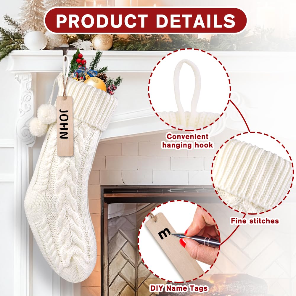 Teeanzo 4Pack 18 Inches Christmas Knitted Hanging Stockings,Xmas White Large Farmhouse Rustic Neutral Cable Knit Personal Stockings Decorations for Christmas Tree Fireplace Family Holiday Party Decor